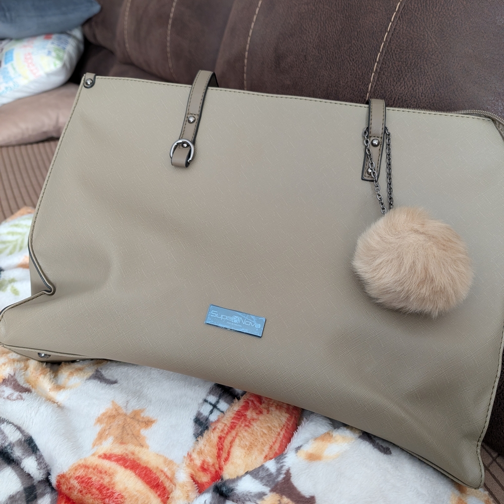 Elegant Tan Women's Bag with Pom Pom